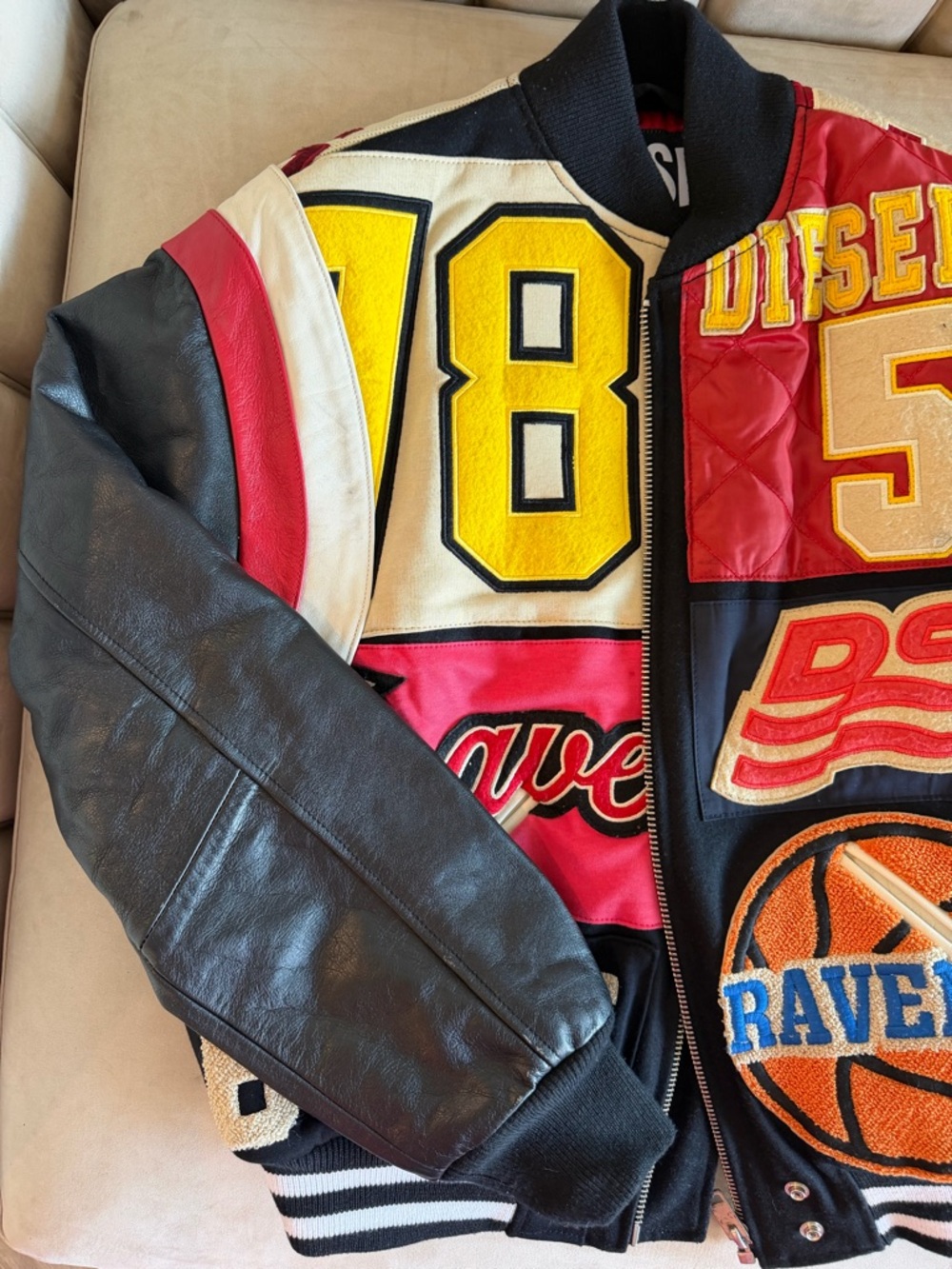 Diesel Black Leather Sleeve Varsity Jacket with Red, Yellow and White Patches